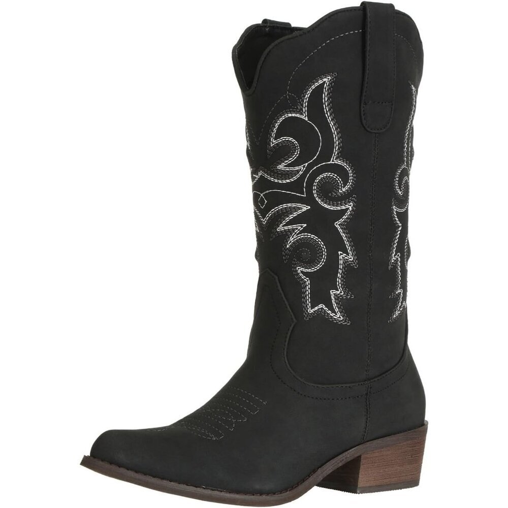 Woman's Black Pu leather Cowgirl Mid Wide Calf Classic Western Fashion Boots